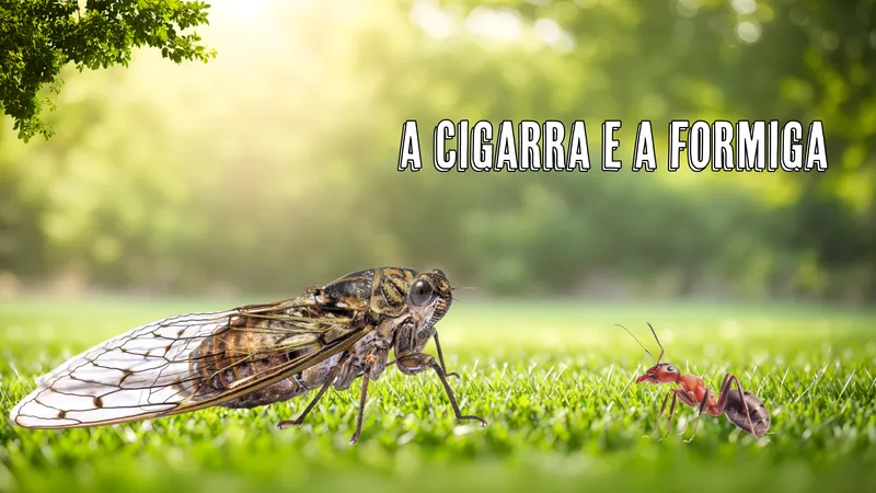 A Cigarra e a Formiga 1 A imagem mostra uma cigarra e uma formiga em uma superfície gramada, com um fundo desfocado de vegetação e luz solar. Essa imagem é interessante, pois captura a interação ou proximidade de duas espécies diferentes de insetos em seu habitat natural, destacando a diversidade de formas de vida e suas escalas na natureza.