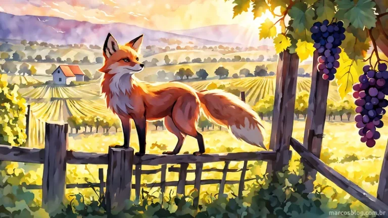 A Raposa e as uvas 7 Ilustração de "Fábulas de Esopo: A Raposa e as Uvas" mostrando uma raposa tentando alcançar uvas em uma videira.