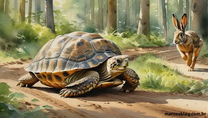 As Fábulas de Esopo: Pequenas histórias, grandes lições 2 Ilustração de "Fábulas de Esopo: A Lebre e a Tartaruga" mostrando a corrida entre a lebre e a tartaruga.