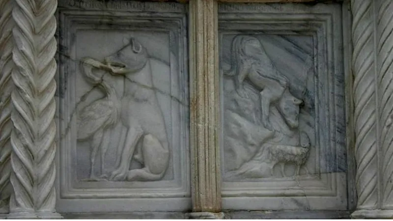 Quem foi Esopo, fabulas de Esopo: Vida e legado 3 Perugia, a Fontana Maggiore (Fonte Principal), esculpida após 1275 por Nicola Pisano e Giovanni Pisano. Duas fábulas de Esopo: "A garça e o lobo" e "O lobo e o cordeiro". Foto de Giovanni Dall'Orto, 5 de agosto de 2006.